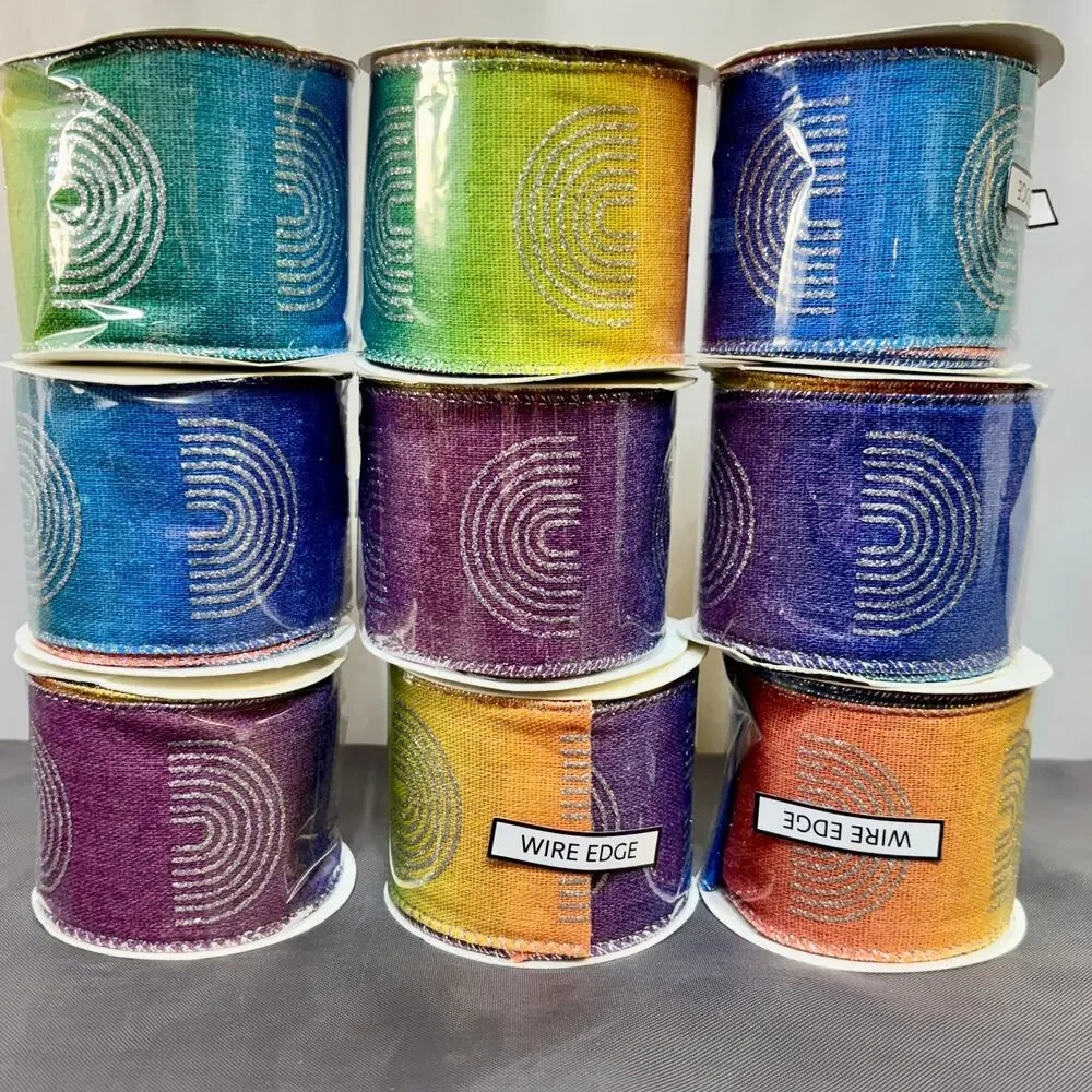 LGBTQ+ Pride Ribbon Crafting Lot of 9 Woven Wired Rainbow Hues Silver Glitter